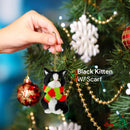 Christmas Mini Cat Ornament - Furry Black Kitten with Scarf Holiday Tree Hanging Decoration