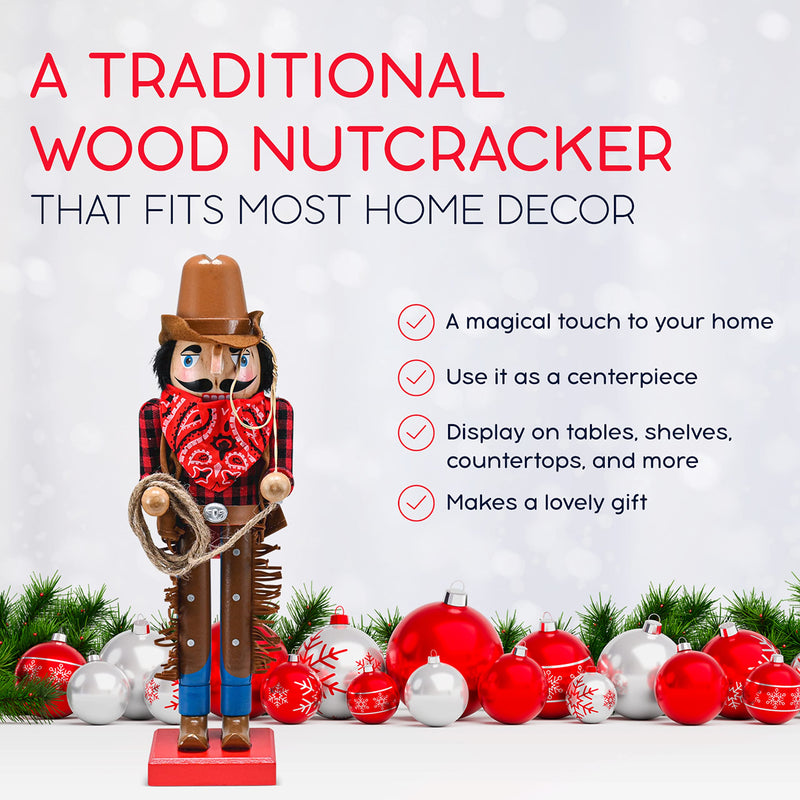 Christmas Western Cowboy Nutcracker – Brown and Red Wooden Nutcracker Cow Boy with a Rope and Lasso Xmas Themed Holiday Nut Cracker Doll Figure Decorations