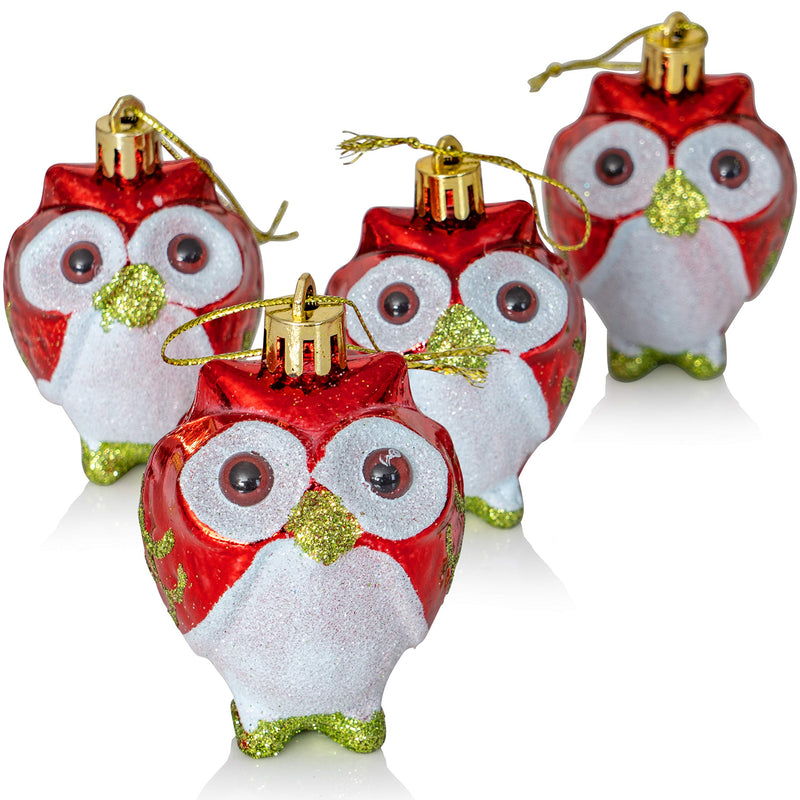 Glitter Christmas Owl Ornaments - Snowy Glitter White and Red Animal Owls Christmas Tree Ornament Decorations - 4 Birds