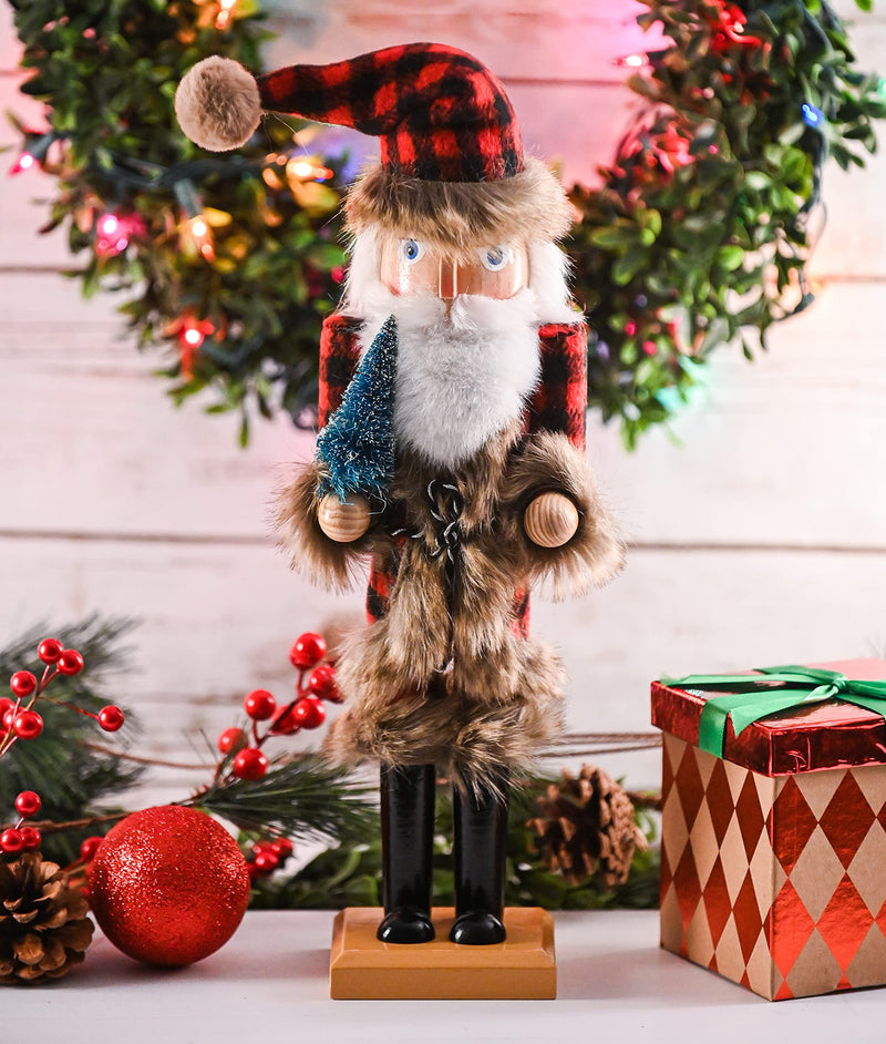 Christmas Nostalgic Santa Nutcracker – Red and Black Wooden Nutcracker Man with Buffalo Plaid Coat with Brown Fur Holding a Xmas Tree Themed Holiday Nut Cracker Doll Figure Decorations