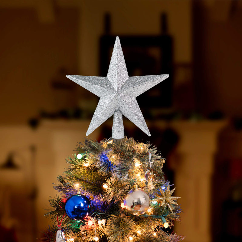 Glitter Star Tree Topper - Christmas Silver Decorative Holiday Bethlehem Star Ornament 8"