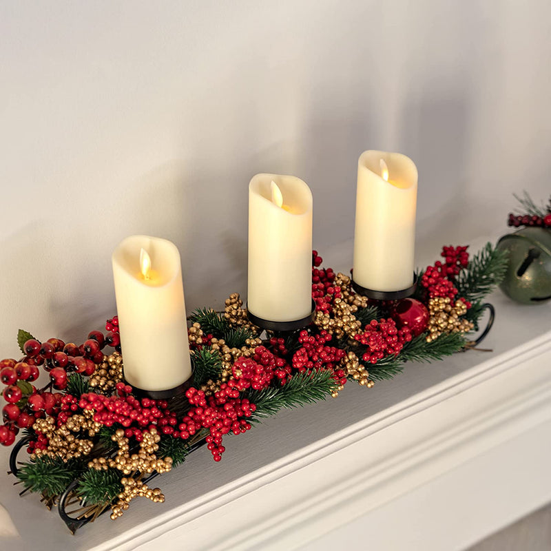 Christmas Décor Candle Holder – Xmas Themed Candle Holder Centerpiece Decorations with Red and Gold Berries and Evergreens