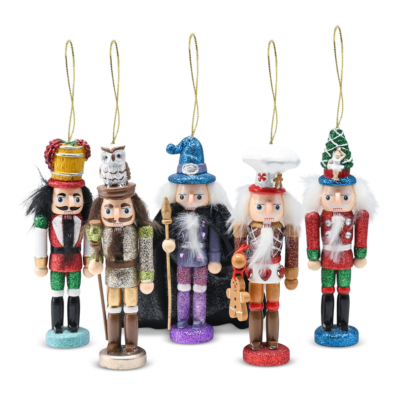 Christmas Deluxe Nutcracker Set – Glittered Wooden Hanging Tree Ornament or Mini Nutcracker Men Xmas Themed Holiday Nut Cracker Doll Figures Decorations - Set of 5