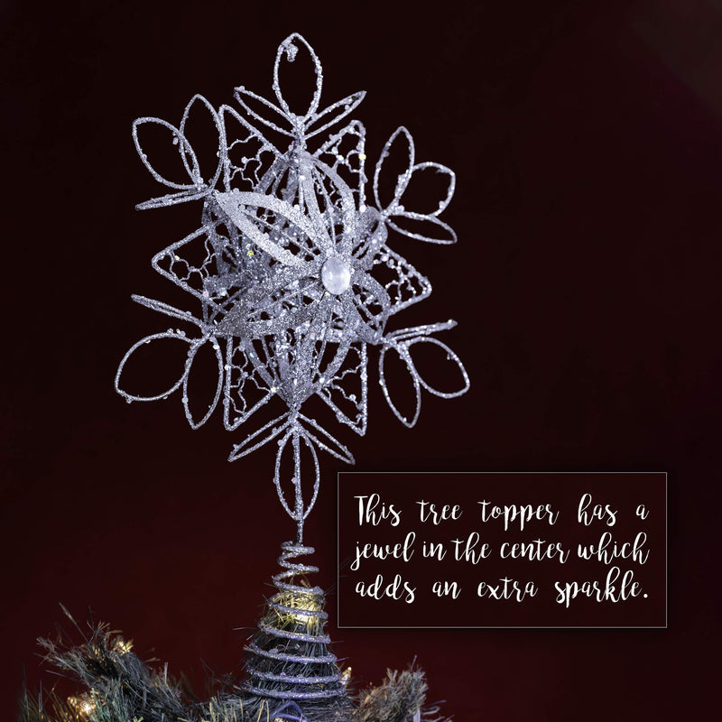 Flower Snowflake Tree Topper - Christmas Glitter Silver Flower Snow Flake Star Ornament Treetop Decoration