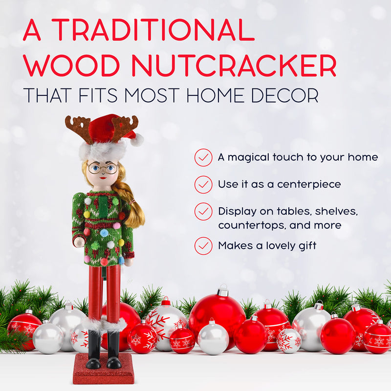 Christmas Ugly Sweater Nutcracker – Red and Green Wooden Nutcracker Woman with an Ugly Sweater and Reindeer Hat Xmas Themed Holiday Nut Cracker Doll Figure Decorations