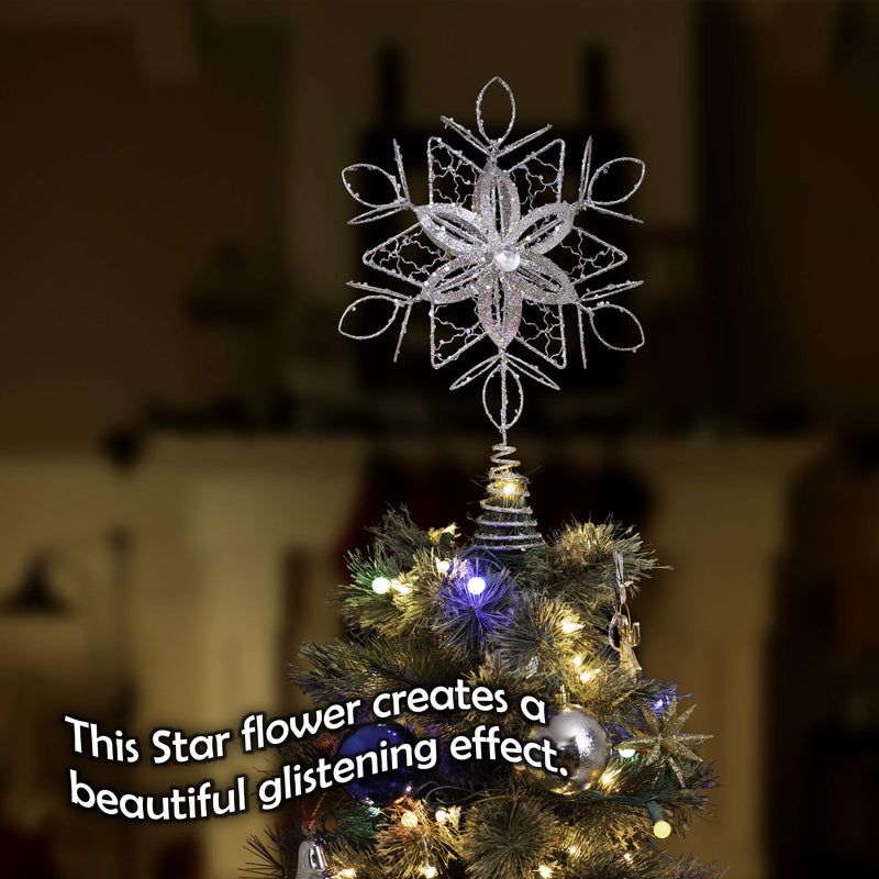 Flower Snowflake Tree Topper - Christmas Glitter Silver Flower Snow Flake Star Ornament Treetop Decoration