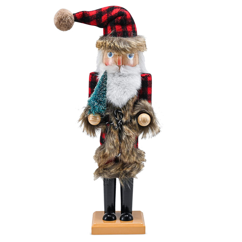 Christmas Nostalgic Santa Nutcracker – Red and Black Wooden Nutcracker Man with Buffalo Plaid Coat with Brown Fur Holding a Xmas Tree Themed Holiday Nut Cracker Doll Figure Decorations