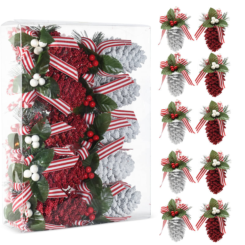 Red and White Ornaments - Glitter Red and White Coated Pinecone Ornament with Realistic Holly Leaf and Red Cranberry Berries with Candy String Christmas Tree Decoration Set - Pack of 10