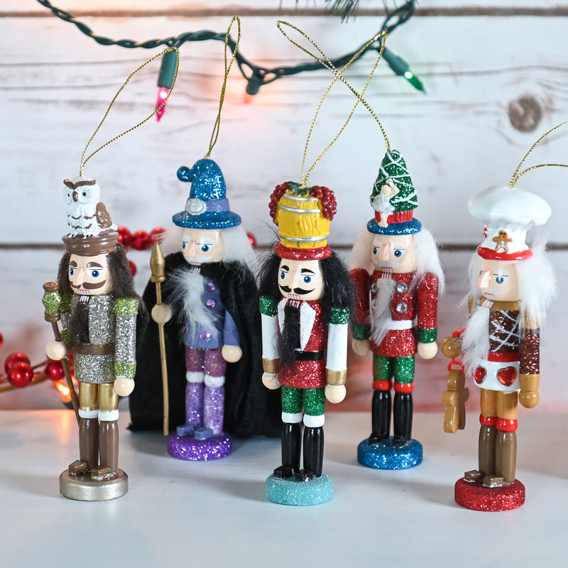 Christmas Deluxe Nutcracker Set – Glittered Wooden Hanging Tree Ornament or Mini Nutcracker Men Xmas Themed Holiday Nut Cracker Doll Figures Decorations - Set of 5