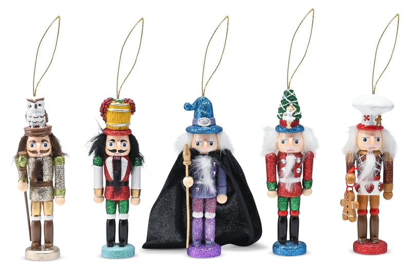 Christmas Deluxe Nutcracker Set – Glittered Wooden Hanging Tree Ornament or Mini Nutcracker Men Xmas Themed Holiday Nut Cracker Doll Figures Decorations - Set of 5