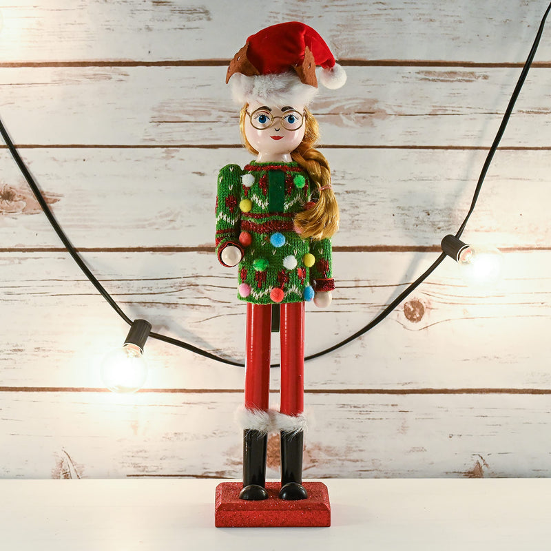 Christmas Ugly Sweater Nutcracker – Red and Green Wooden Nutcracker Woman with an Ugly Sweater and Reindeer Hat Xmas Themed Holiday Nut Cracker Doll Figure Decorations