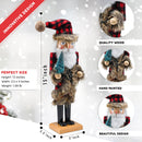 Christmas Nostalgic Santa Nutcracker – Red and Black Wooden Nutcracker Man with Buffalo Plaid Coat with Brown Fur Holding a Xmas Tree Themed Holiday Nut Cracker Doll Figure Decorations