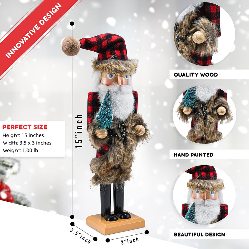 Christmas Nostalgic Santa Nutcracker – Red and Black Wooden Nutcracker Man with Buffalo Plaid Coat with Brown Fur Holding a Xmas Tree Themed Holiday Nut Cracker Doll Figure Decorations