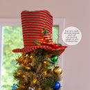 Snowman Hat Tree Topper - Snow Man Winter Holiday Top Hat Christmas Tree Top Decoration with Red Ornament Berry Balls, Mistletoe Holly and Candy Decorations and LED Lights