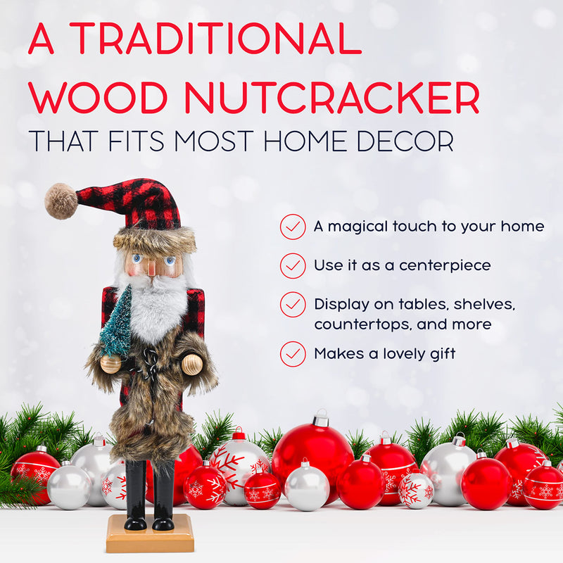 Christmas Nostalgic Santa Nutcracker – Red and Black Wooden Nutcracker Man with Buffalo Plaid Coat with Brown Fur Holding a Xmas Tree Themed Holiday Nut Cracker Doll Figure Decorations