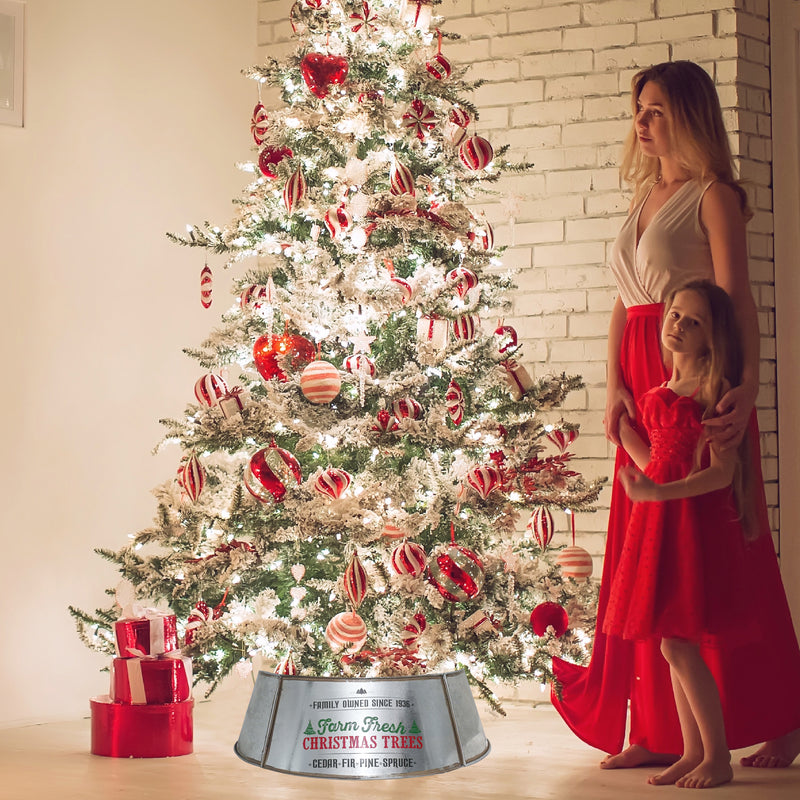 Metal Christmas Tree Collar - 16" Galvanized Tin Metal Rustic Bucket Base Skirt for Xmas Holiday Tree Bottom