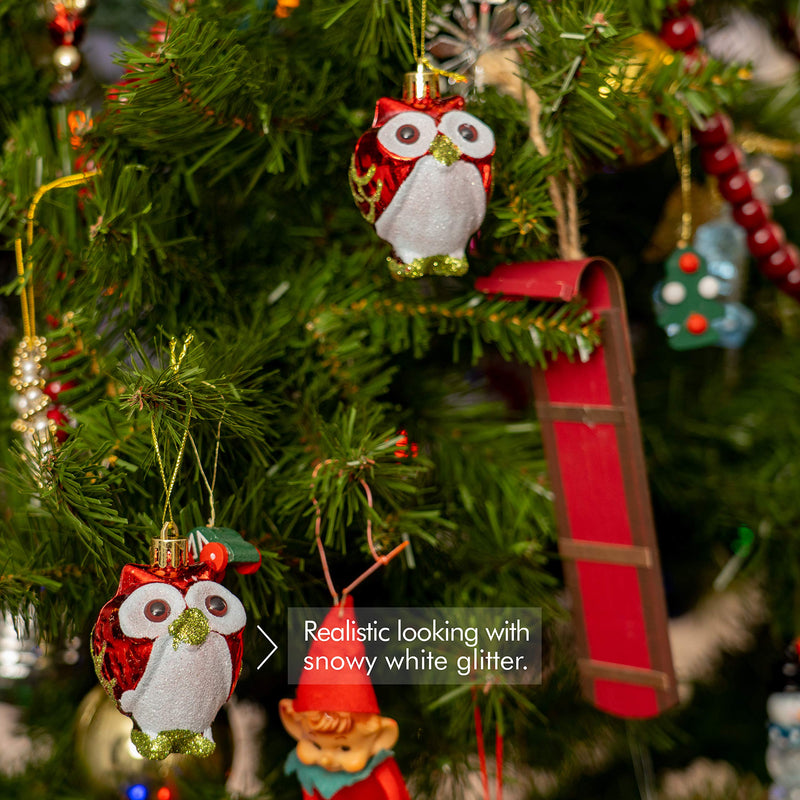 Glitter Christmas Owl Ornaments - Snowy Glitter White and Red Animal Owls Christmas Tree Ornament Decorations - 4 Birds