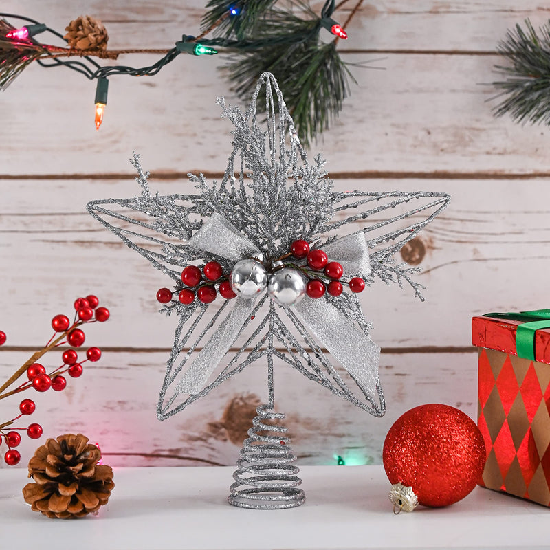 Silver Star Tree Topper - Christmas Glitter Silver Star Holiday Tree Top Decoration with Silver Bells and Mistletoe and Red Berries