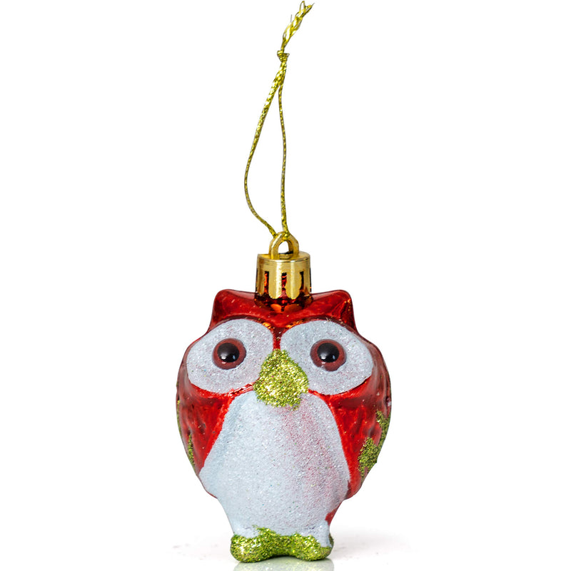 Glitter Christmas Owl Ornaments - Snowy Glitter White and Red Animal Owls Christmas Tree Ornament Decorations - 4 Birds