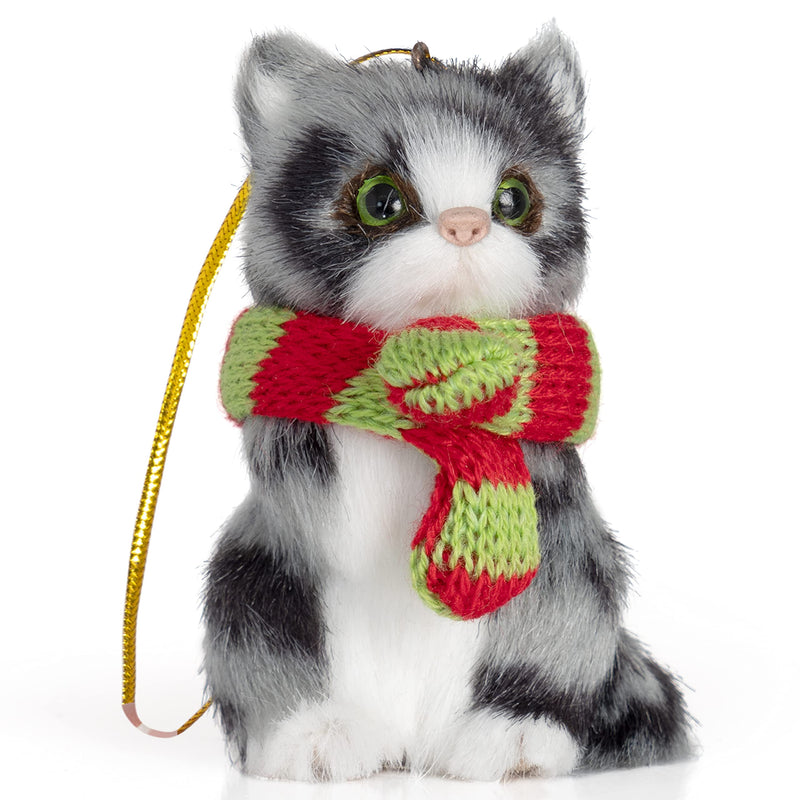 Christmas Mini Cat Ornament - Furry Grey Kitten with Scarf Holiday Tree Hanging Decoration