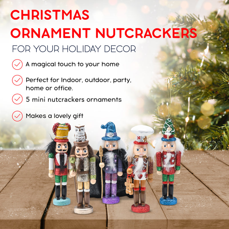 Christmas Deluxe Nutcracker Set – Glittered Wooden Hanging Tree Ornament or Mini Nutcracker Men Xmas Themed Holiday Nut Cracker Doll Figures Decorations - Set of 5